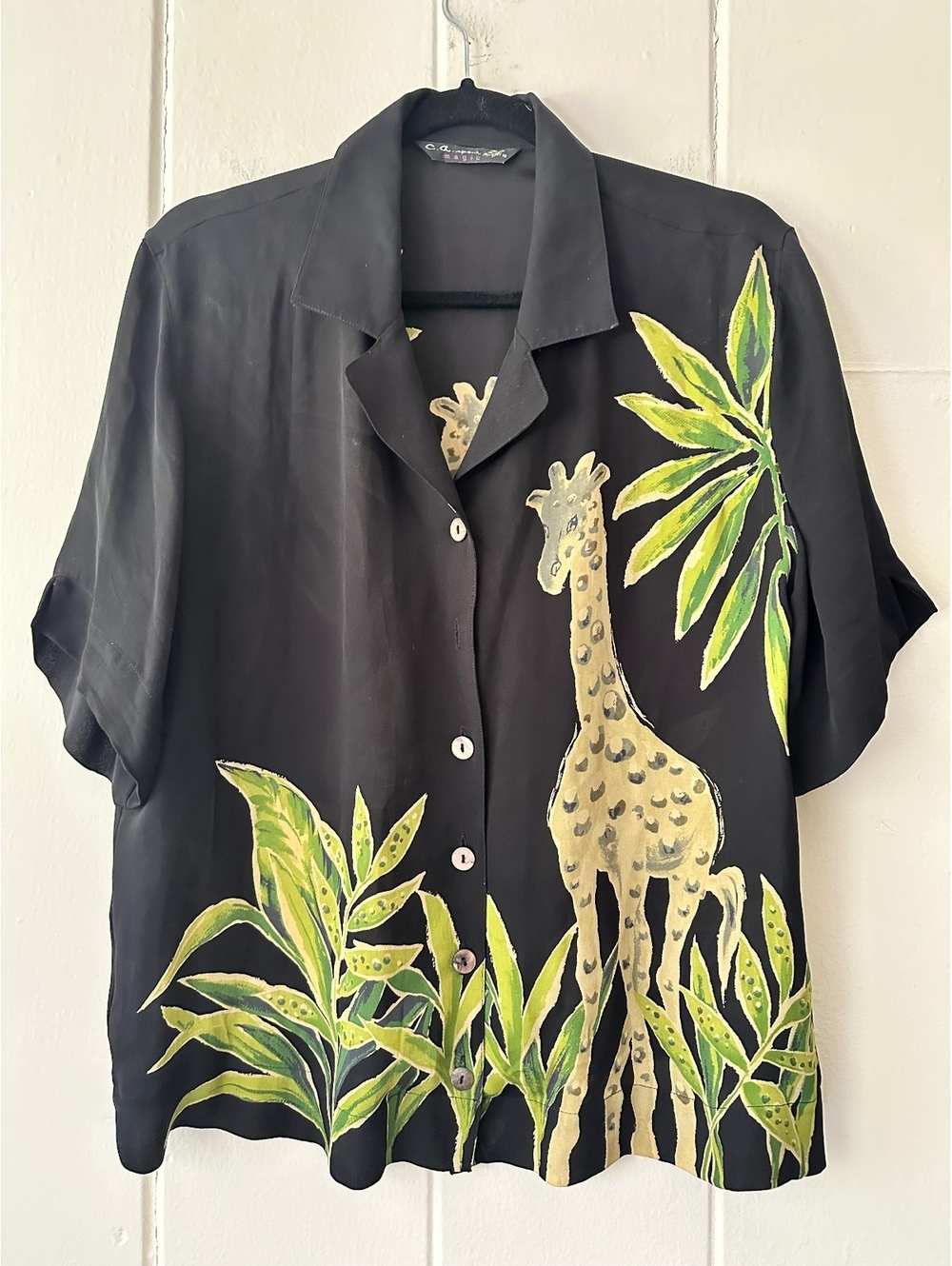 Vintage 90s C.A. Sport Magic 100% Silk Giraffe Palm Tropical Camp Shirt Sz Large